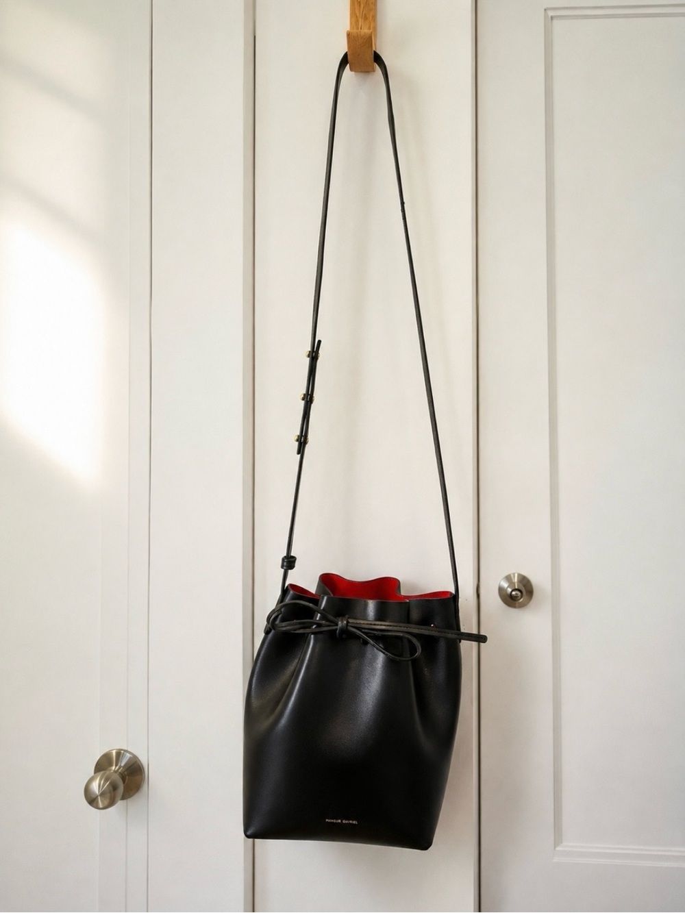 Mansur Gavriel Black Leather Bucket Bag with Red Interior